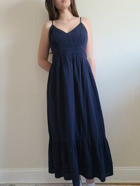 H&M Cotton Midi Dress Navy Blue Empire Waist Lace Trim Sleeveless Boho Summer M